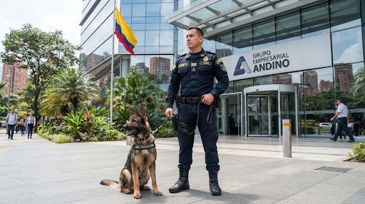 Guarda de TAC con binomio canino frente a un edificio corporativo